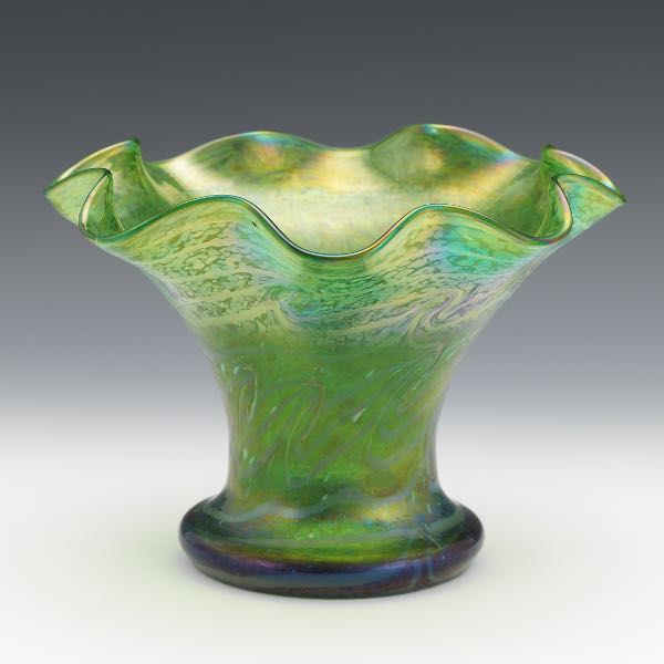 Appraisal: LOETZ EMERALD GLASS WITH PEACOCK IRIDESCENCE RUFFLED VASE x Hand