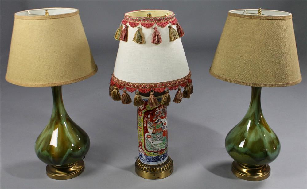 Appraisal: THREE TABLE LAMPS including a pair of pottery bottle form