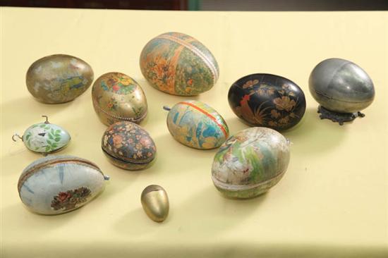 Appraisal: ELEVEN EASTER EGGS Five paper mache one brass one tin