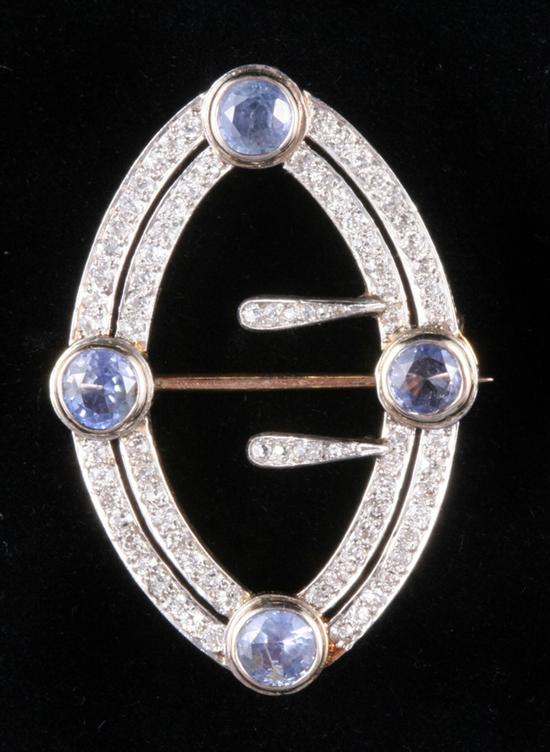 Appraisal: EDWARDIAN PLATINUM-ON- K-YELLOW GOLD DIAMOND AND SAPPHIRE BUCKLE FORM BROOCH