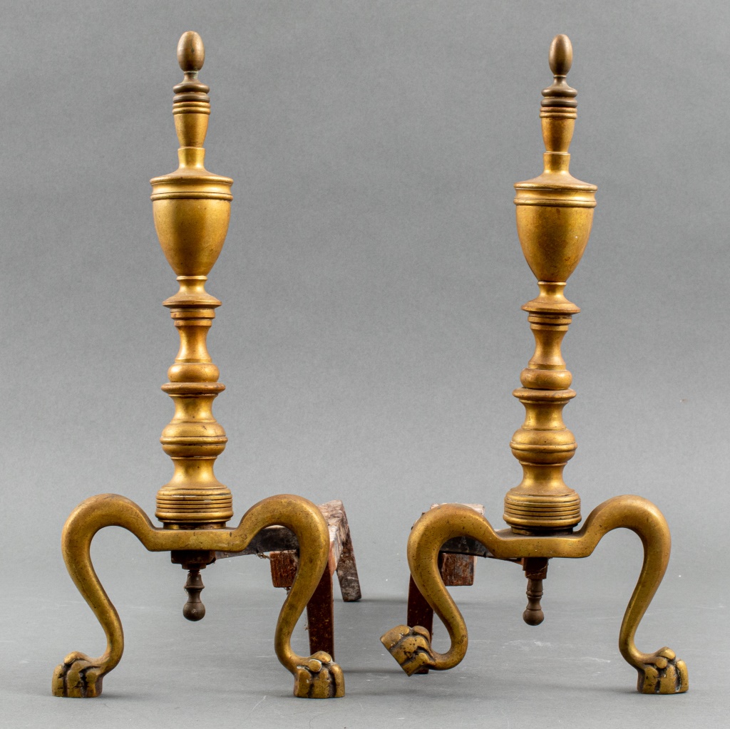 Appraisal: FEDERAL STYLE BRASS ANDIRONS Federal style brass andirons in the