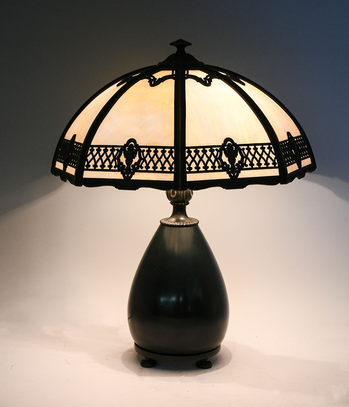 Appraisal: BRADLEY HUBBARD CURVED SLAG GLASS FILIGREE LAMP Bradley Hubbard light