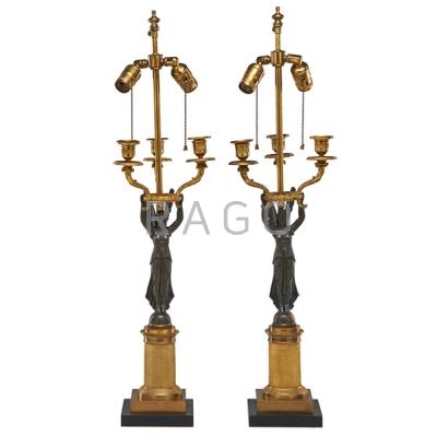 Appraisal: PAIR OF BRONZE CANDELABRA Figural base mounted as lamps European