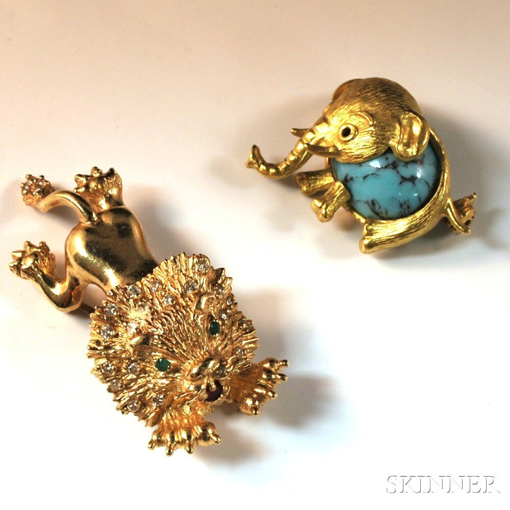 Appraisal: Two Gem-set Animal Brooches an kt gold and cabochon turquoise