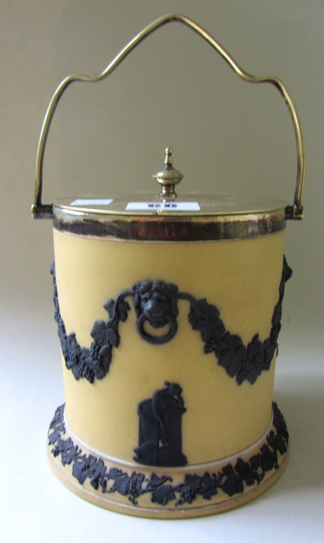 Appraisal: A Wedgwood jasper biscuit barrel with plated mount early th