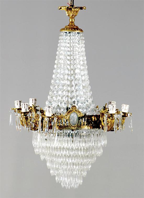 Appraisal: Art Deco style crystal and gilt-metal eight-light chandelier crystal chains