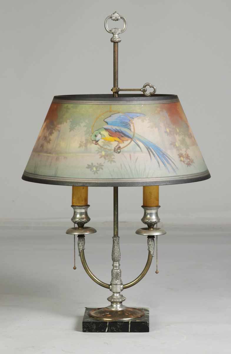 Appraisal: Pairpoint Reverse Painted Lamp with Parrot in Lake Scene Base