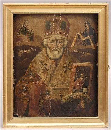 Appraisal: RUSSIAN ICON OF A BISHOP SAINT Depicted holding an icon