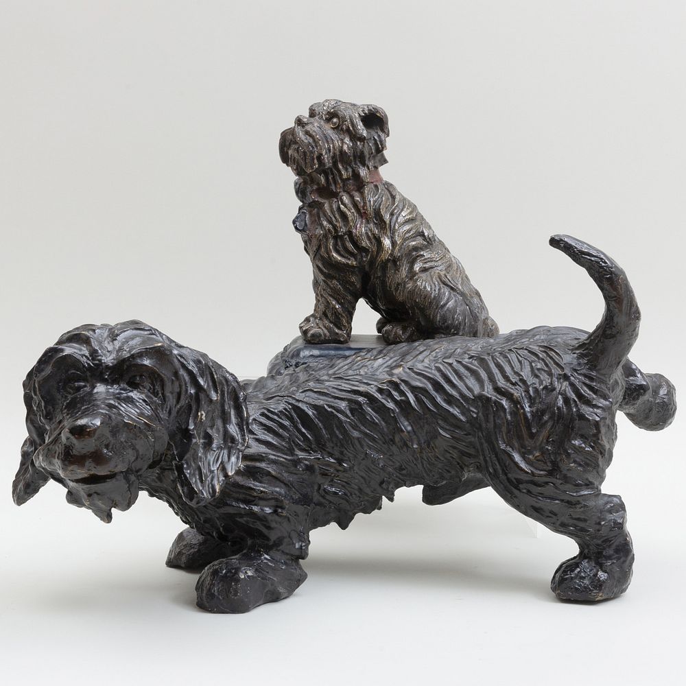 Appraisal: Two English Painted and Carved Models of Terrier The larger