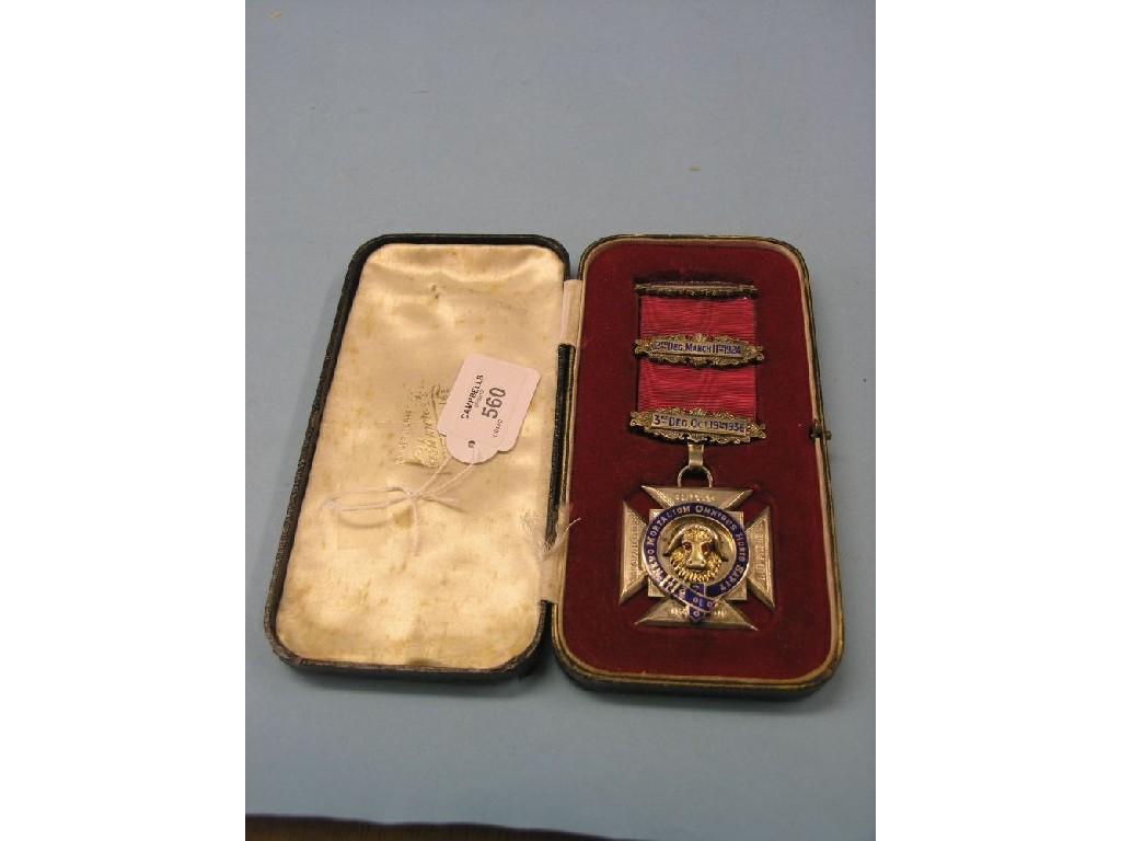 Appraisal: A masonic silver medal ribbon mounted with three bars medal