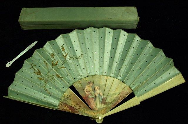 Appraisal: A blue satin fan circa with a fan box