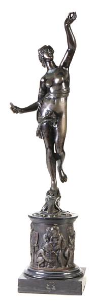 Appraisal: A bronze figure of a drapery clad maiden depicted reaching