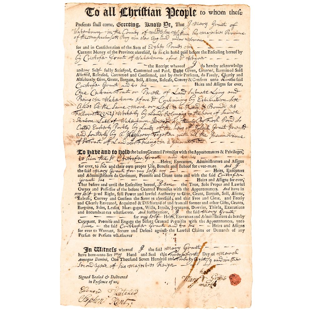 Appraisal: General WILLIAM BRATTLE Signed Land Sale Document as Justice of