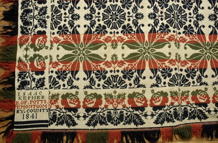 Appraisal: American Wool and Cotton Jacquard Coverlet Signed Isaac Kepner B