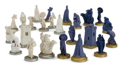 Appraisal: Group of thirty-two assembled jasperware blue and white chess pieces