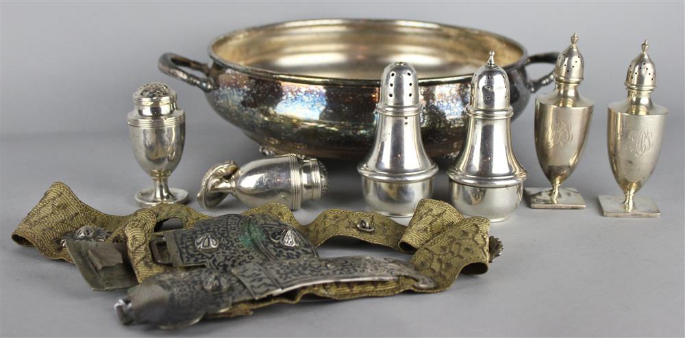 Appraisal: THREE PAIRS OF SALT SHAKERS A SILVERPLATE BOWL AND A