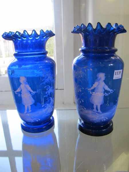 Appraisal: PAIR OF VICTORIAN MARY GREGORY BRISTOL BLUE GLASS VASES