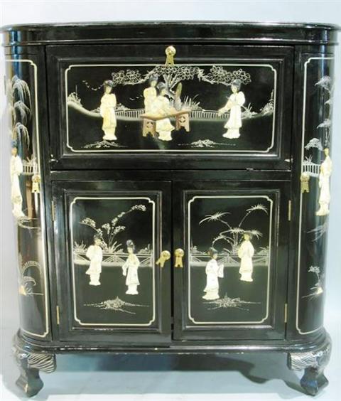 Appraisal: JAPANESE BLACK LACQUER STYLE CABINET Inset with stones depicting figures