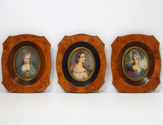 Appraisal: SET OF THREE MINIATURE PORTRAIT PAINTINGS European By Remi Signed