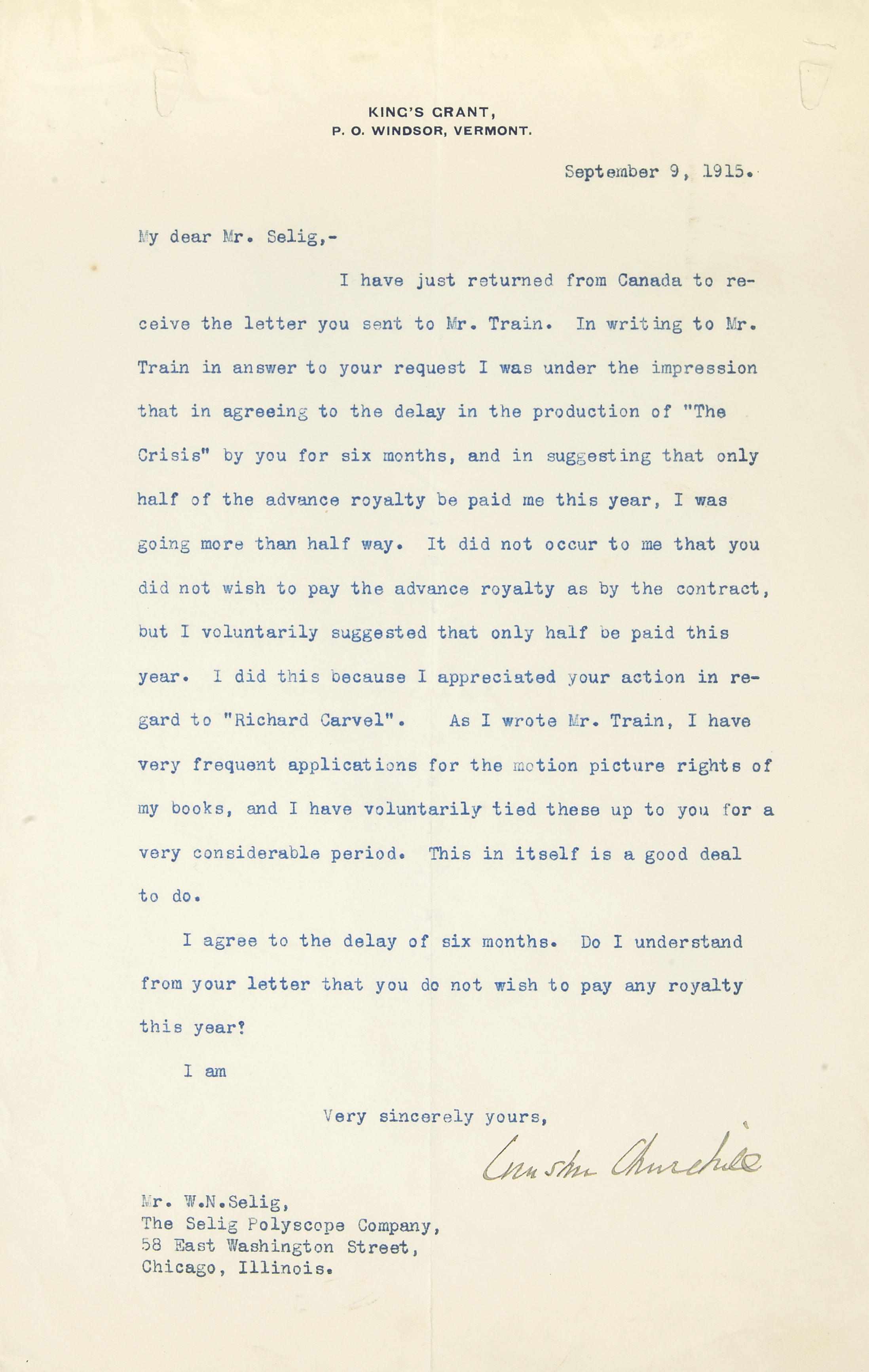 Appraisal: CHURCHILL WINSTON - Typed Letter Signed ''Winston Churchill'' p to