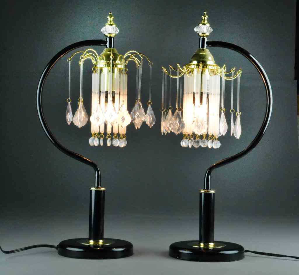 Appraisal: Pair of Black Touch Lamps with PrismsMetal table lamps with