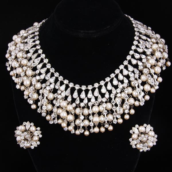 Appraisal: Austrian Crystal Diamante Pearl Fringe Bib Necklace Cluster Clip Earrings