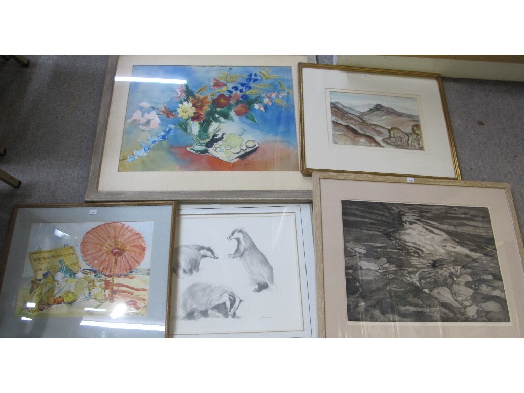 Appraisal: Lot comprising three watercolours a pencil drawing of badgers and