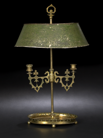 Appraisal: French Cut-Brass and Green Tole-Peinte Two-Light Bouillotte Lamp first quarter