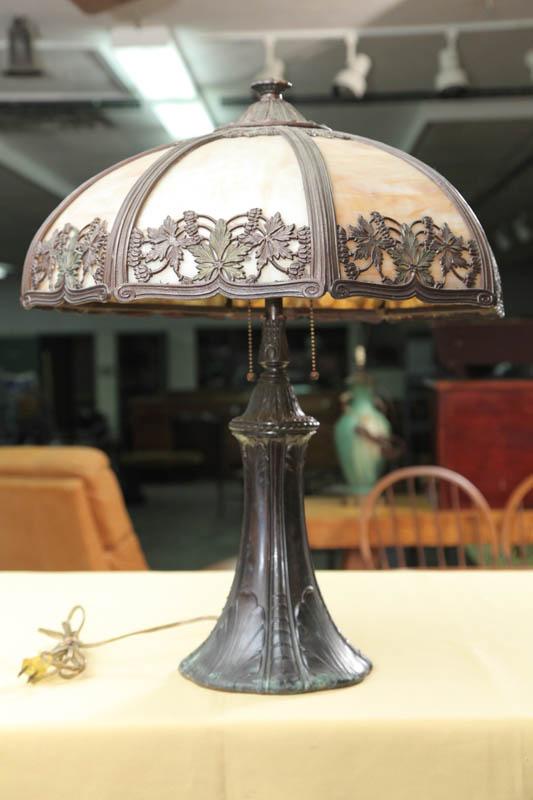 Appraisal: TABLE LAMP Slag glass shade having a pierced foliate motif