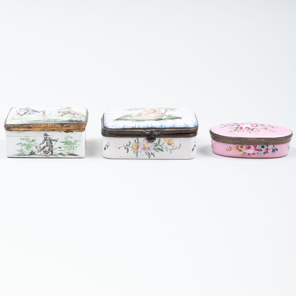 Appraisal: Three French and English Enamel Snuff boxes The English comprising