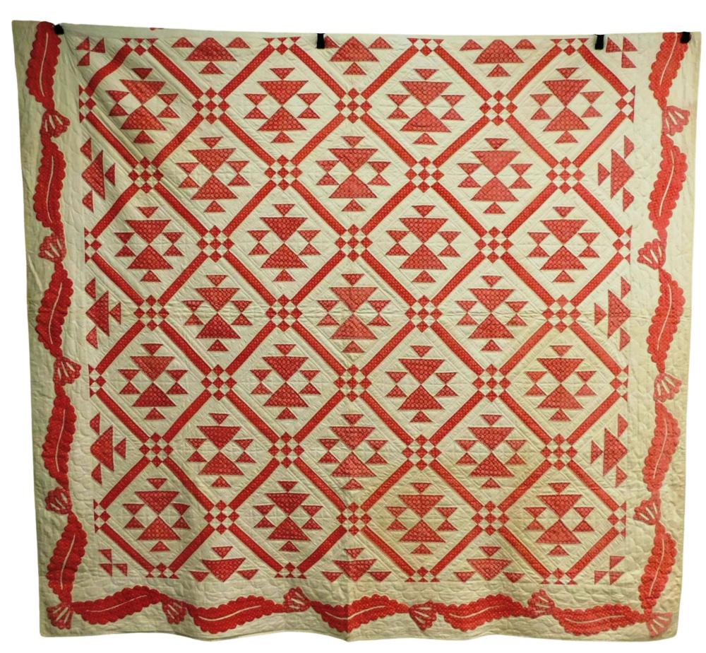 Appraisal: TEXTILE Quilt with applique border c center patchwork red and