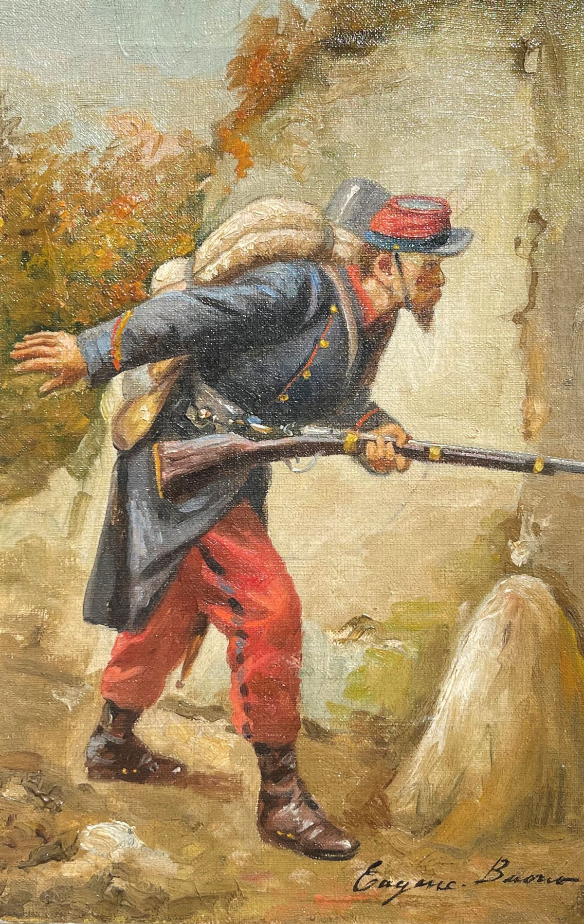 Appraisal: BUONO Eugenio Italian - Cautious French Soldier Oil Canvas ''