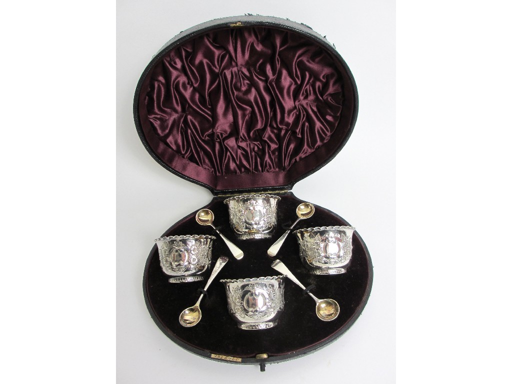 Appraisal: A cased set of four Victorian salts bowl shaped with