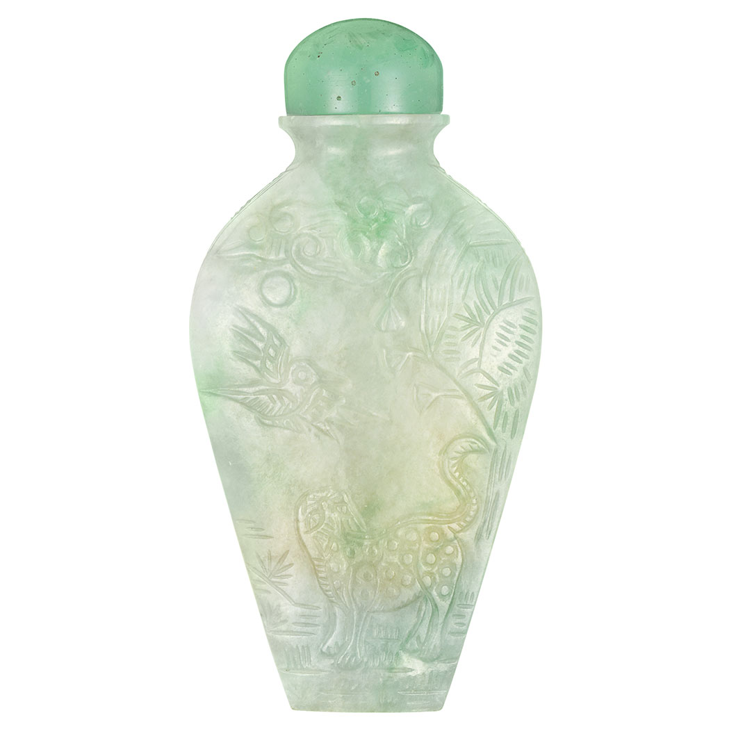 Appraisal: Chinese Jadeite Snuff Bottle th Century Of flattened spade shape