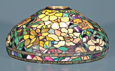 Appraisal: Tiffany style mosaic glass shade yellow peonies on multi-colored field