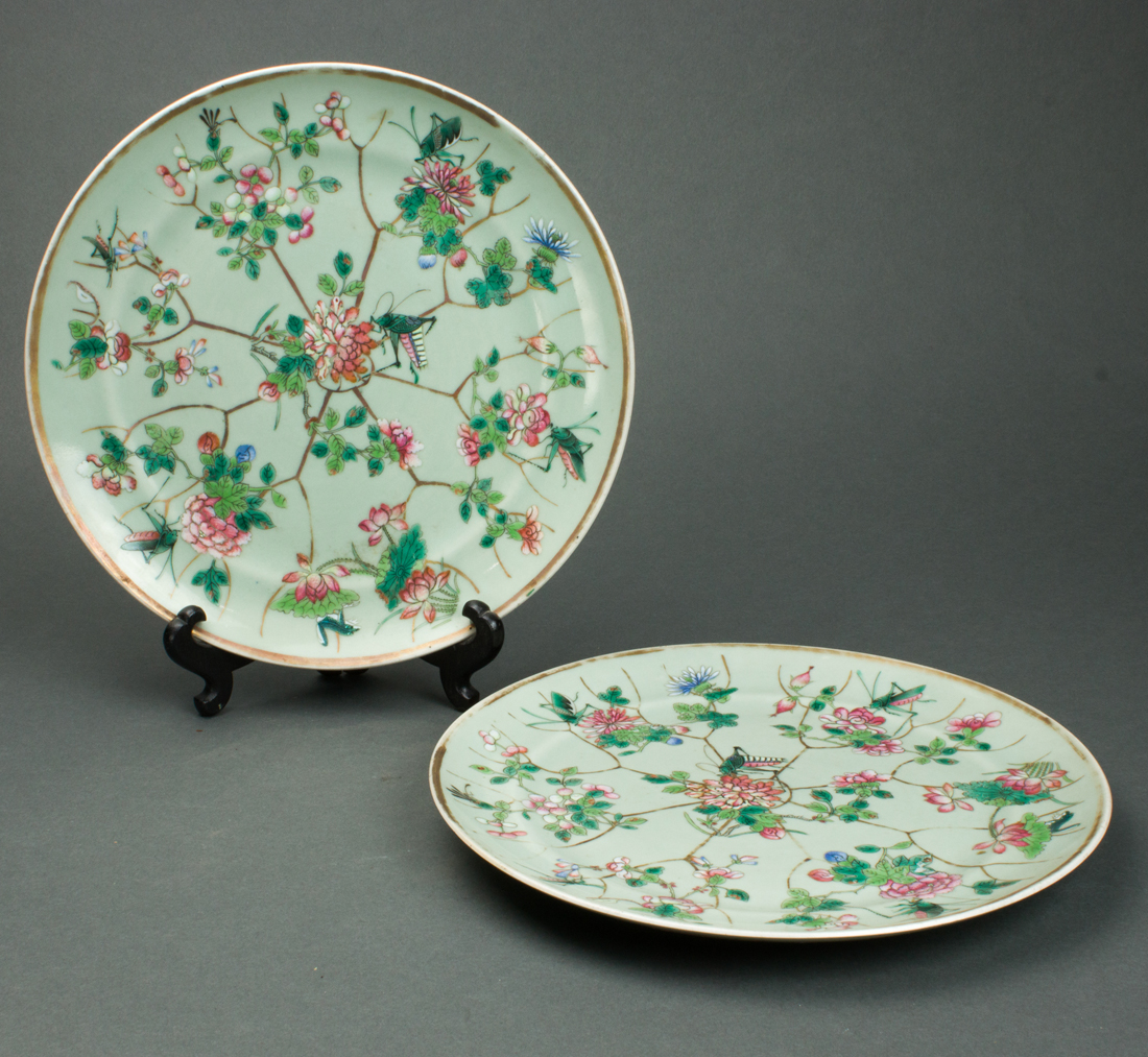 Appraisal: PAIR OF CHINESE FAMILLE ROSE CELADON GROUND DISHES Pair of