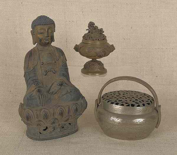 Appraisal: Chinese bronze Buddha together with two incense burners tallest -