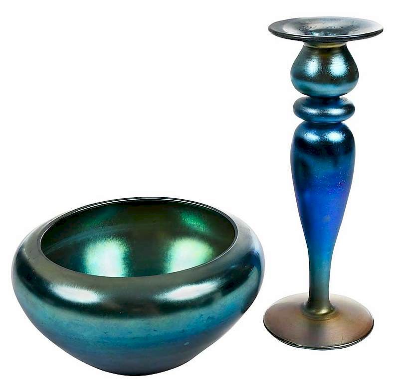 Appraisal: Two Steuben Aurene Table Objects American th century blue green