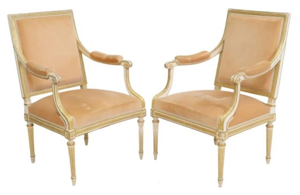 Appraisal: pair French Louis XVI style armchairs th c parcel gilt