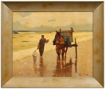 Appraisal: Dutch School painting fisherman walking beach with horse and cart