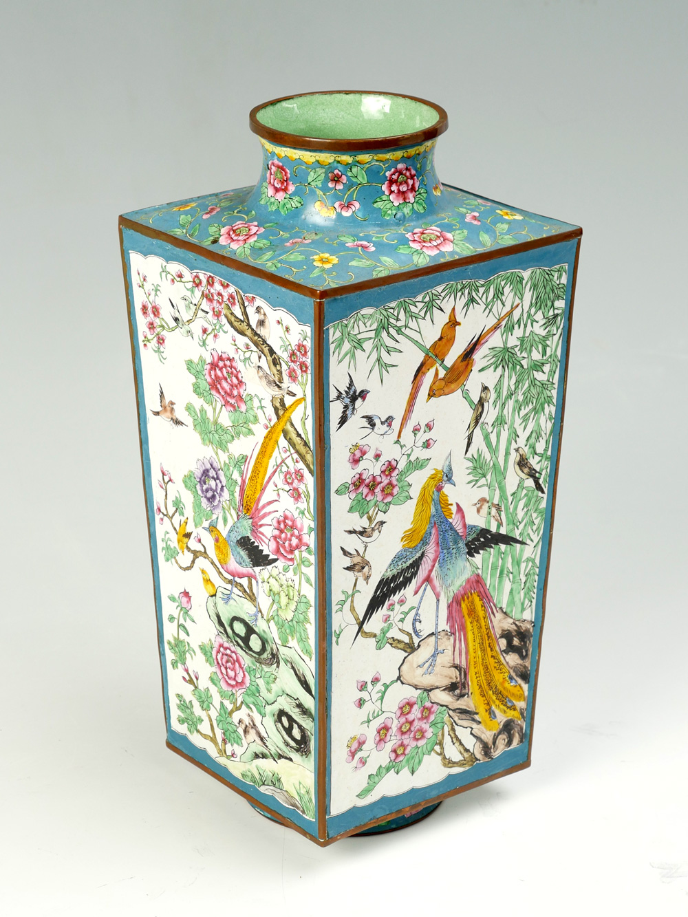 Appraisal: CHINESE ENAMELED COPPER VASE Having an overall birds amongst a