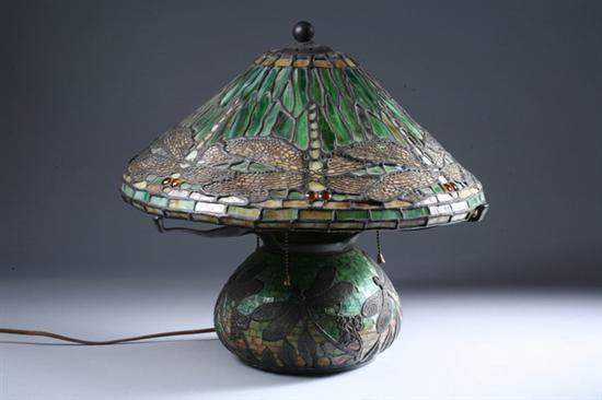 Appraisal: GOOD TIFFANY-STYLE SLAG GLASS AND BRONZE THREE-LIGHT DRAGONFLY TABLE LAMP