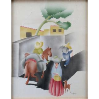 Appraisal: Circa s American School Watercolor on Paper Mexican Village Scene