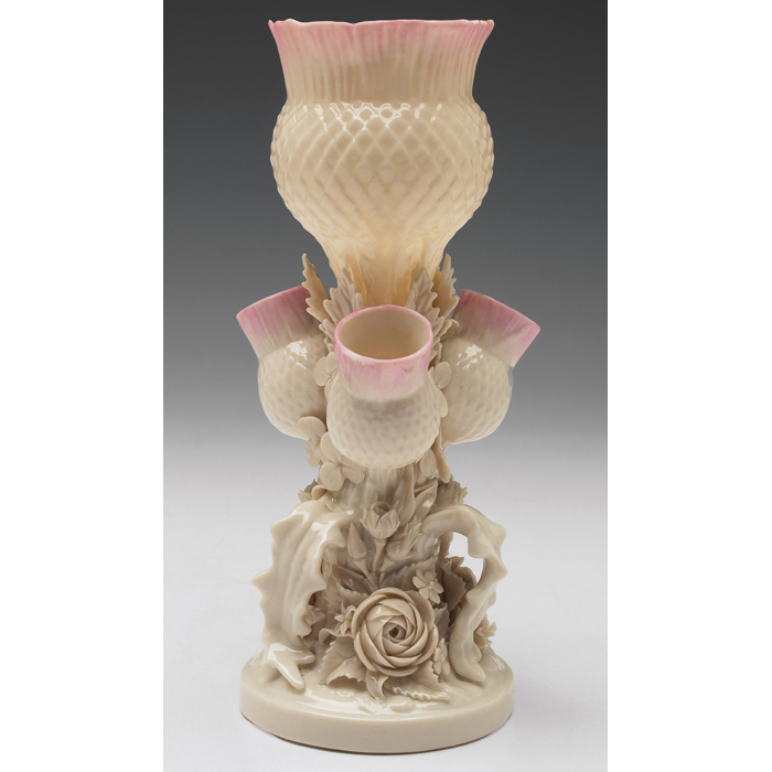 Appraisal: Baleek vase thistle design ivory and pink glazes marked ''w