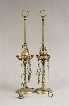 Appraisal: Pair of Antique-Style Brass Adjustable Four-Light Oil Lamps in