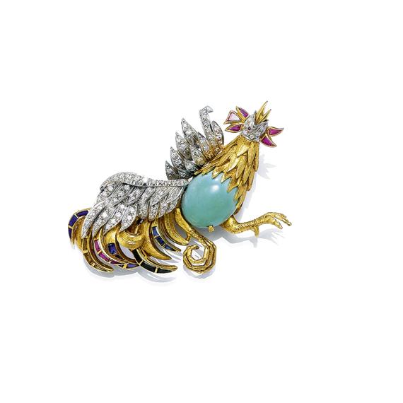 Appraisal: A TURQUOISE ENAMEL AND DIAMOND BROOCH circa Yellow and white