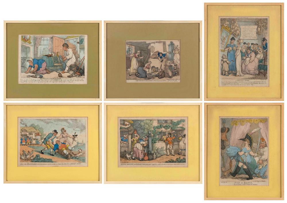 Appraisal: SIX THOMAS ROWLANDSON HAND-COLORED ETCHINGS EARLY TH CENTURY X SIGHT