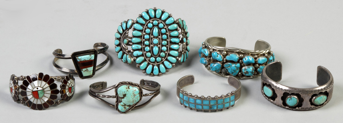 Appraisal: Five Silver Turquoise Southwest Cuff Bracelets