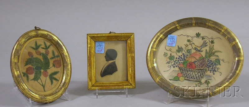 Appraisal: Two Small Oval Giltwood Framed Painted Theorems on Velvet and