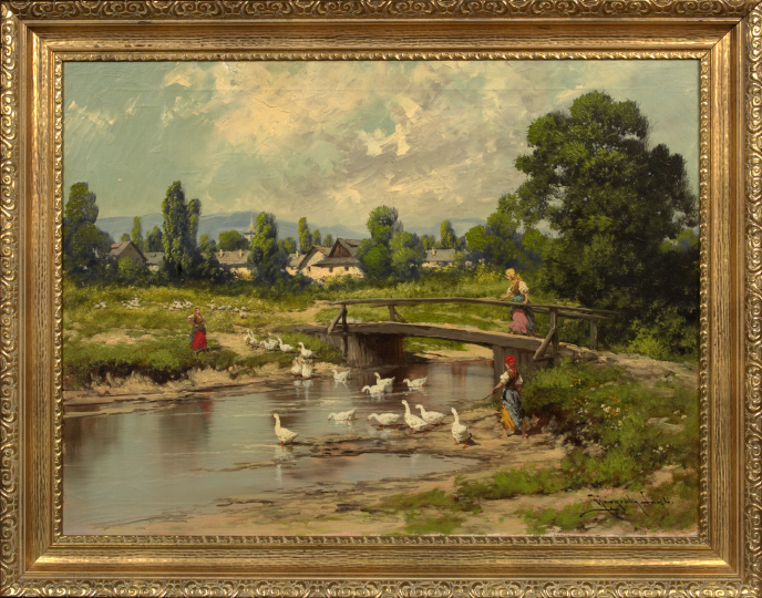 Appraisal: Laszlo Neogrady Hungarian - View of Women Feeding Geese by